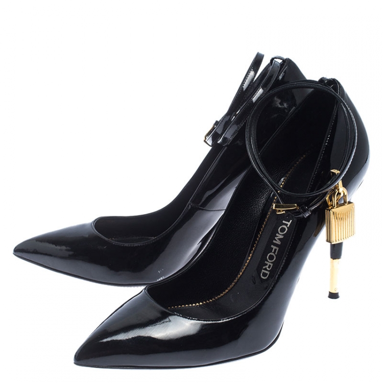 Pre Owned Tom Ford Black Patent Leather Padlock Ankle Wrap Pointed Toe Pumps Size 39
