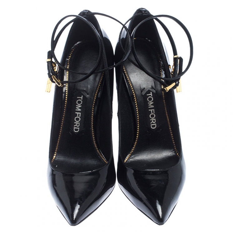 Pre Owned Tom Ford Black Patent Leather Padlock Ankle Wrap Pointed Toe Pumps Size 39