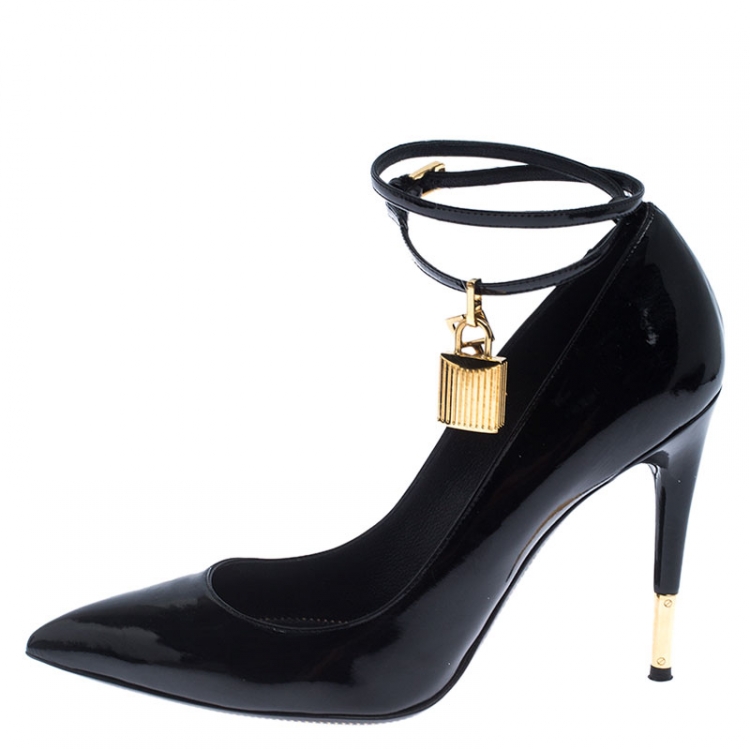 Pre Owned Tom Ford Black Patent Leather Padlock Ankle Wrap Pointed Toe Pumps Size 39