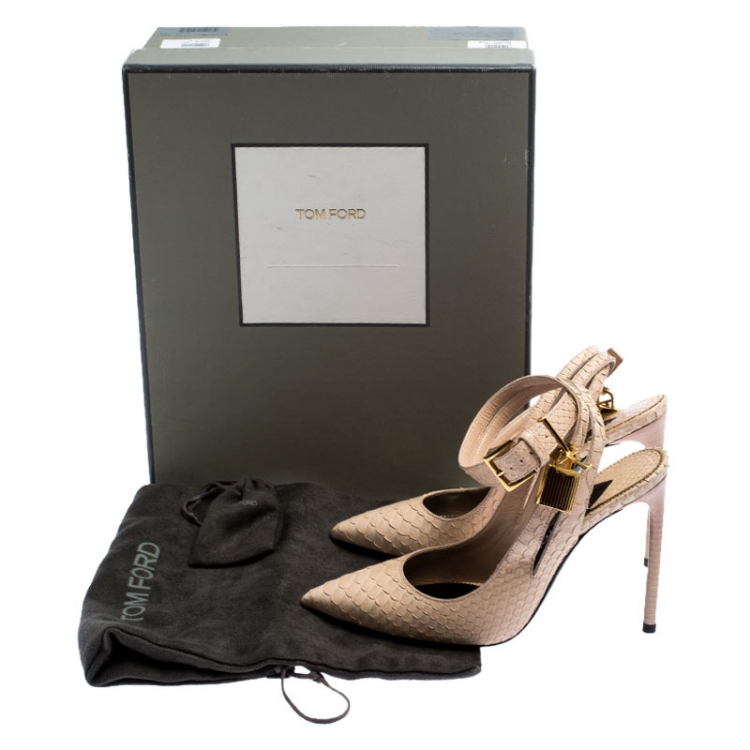 Pre Owned Tom Ford Beige Python Leather Ankle Lock Slingback Pointed Toe Sandals Size 36.5