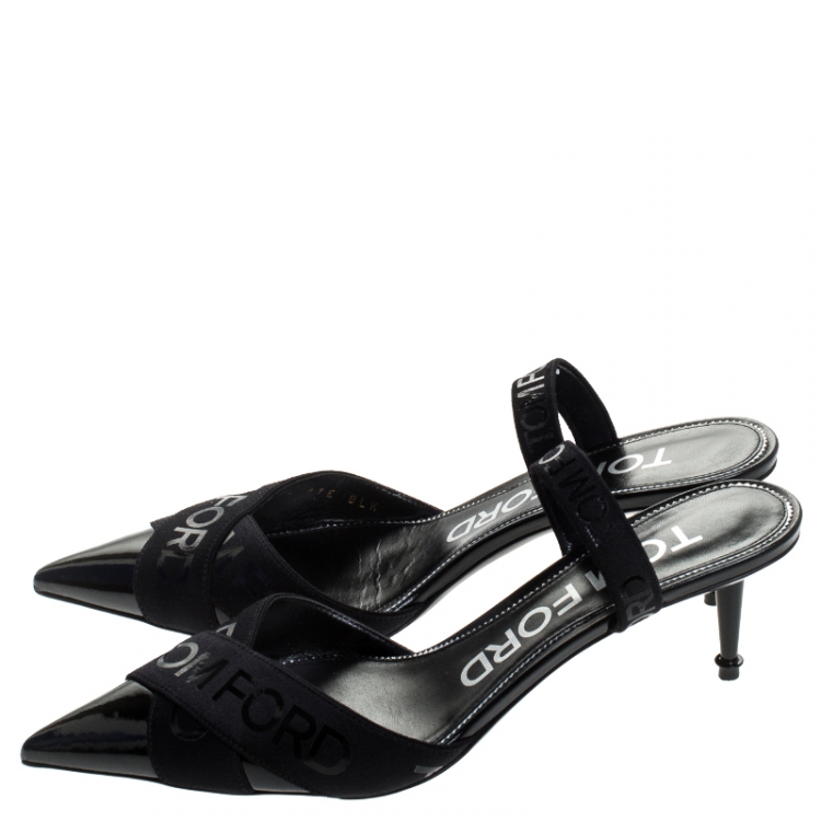 Pre Owned Tom Ford Black Patent Leather And Stretch Fabric Printed Logo Slingback Sandals Size 38.5