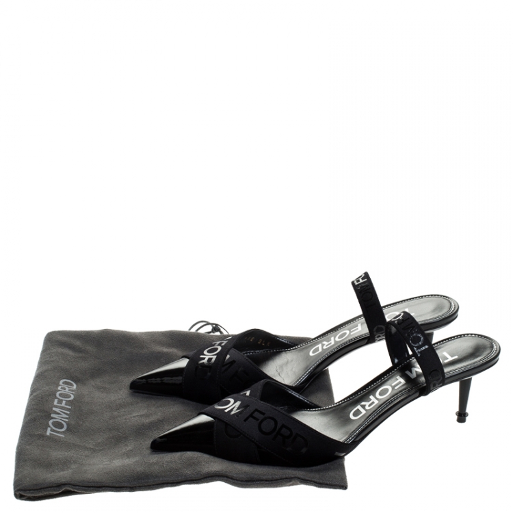Pre Owned Tom Ford Black Patent Leather And Stretch Fabric Printed Logo Slingback Sandals Size 38.5
