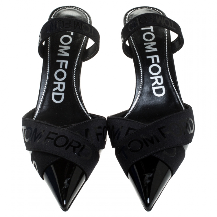 Pre Owned Tom Ford Black Patent Leather And Stretch Fabric Printed Logo Slingback Sandals Size 38.5