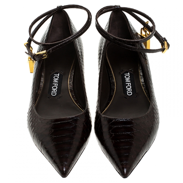 Pre Owned Tom Ford Brown Python Embossed Leather Padlock Ankle Wrap Pointed Toe Flats Size 37