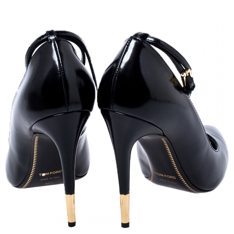 Pre Owned Tom Ford Black Patent Leather Padlock Ankle Wrap Pointed Toe Pumps Size 37.5