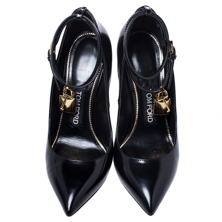Pre Owned Tom Ford Black Patent Leather Padlock Ankle Wrap Pointed Toe Pumps Size 37.5