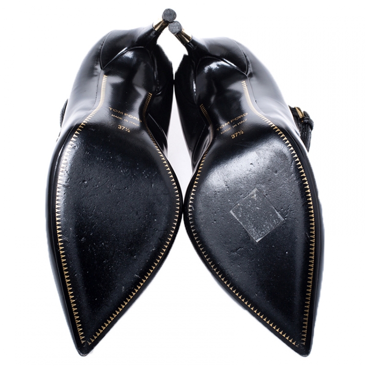 Pre Owned Tom Ford Black Patent Leather Padlock Ankle Wrap Pointed Toe Pumps Size 37.5