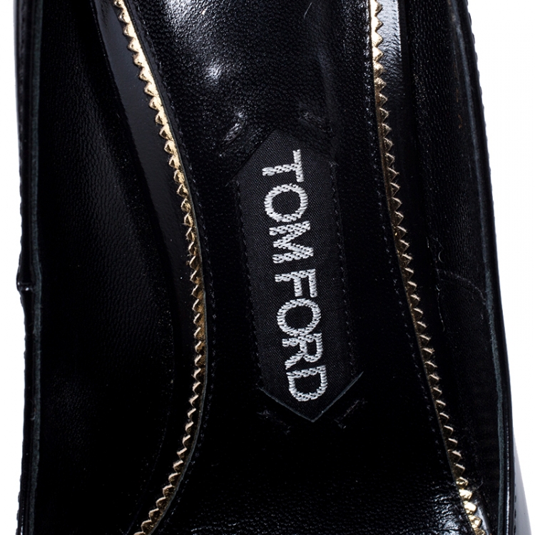 Pre Owned Tom Ford Black Patent Leather Padlock Ankle Wrap Pointed Toe Pumps Size 37.5