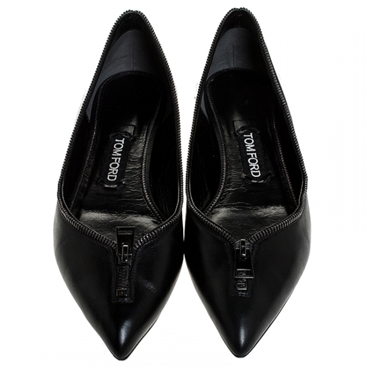 Pre Owned Tom Ford Black Leather Zipper Trim And Zip Detail Pointed Toe Ballet Flats Size 39