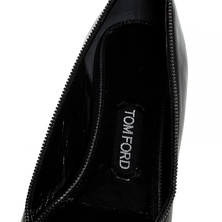 Pre Owned Tom Ford Black Leather Zipper Trim And Zip Detail Pointed Toe Ballet Flats Size 39