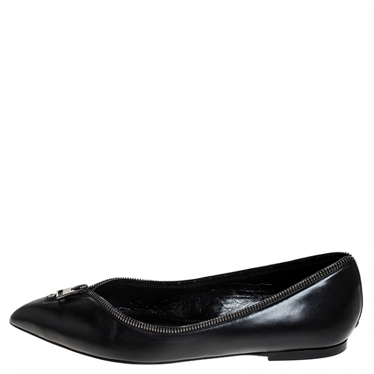 Pre Owned Tom Ford Black Leather Zipper Trim And Zip Detail Pointed Toe Ballet Flats Size 39