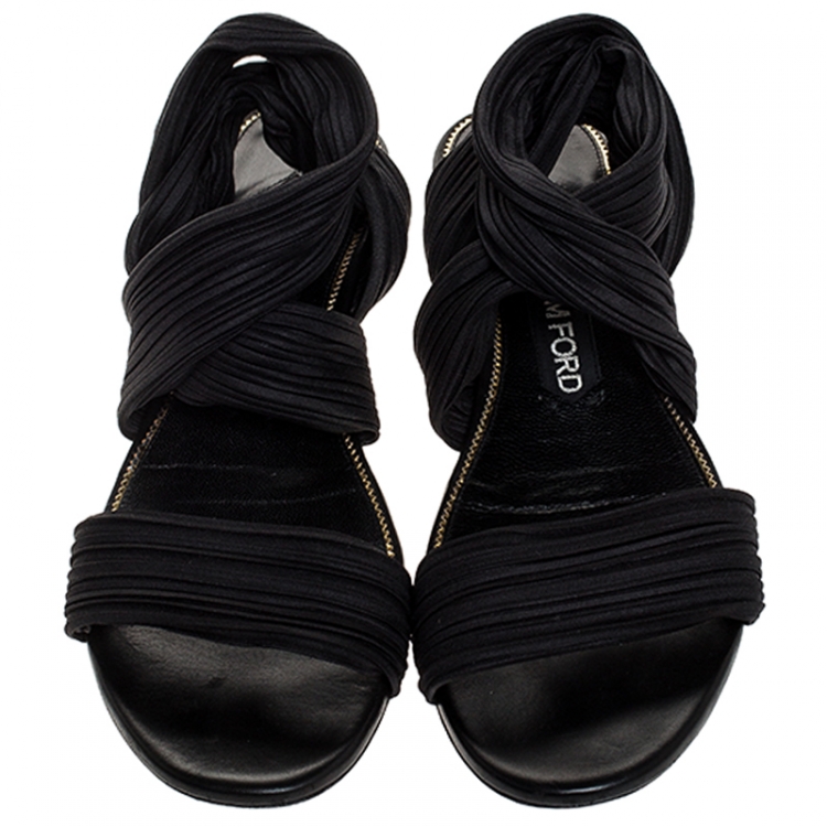 Pre Owned Tom Ford Black Plisse Satin Open Toe Flat Sandals Size 39