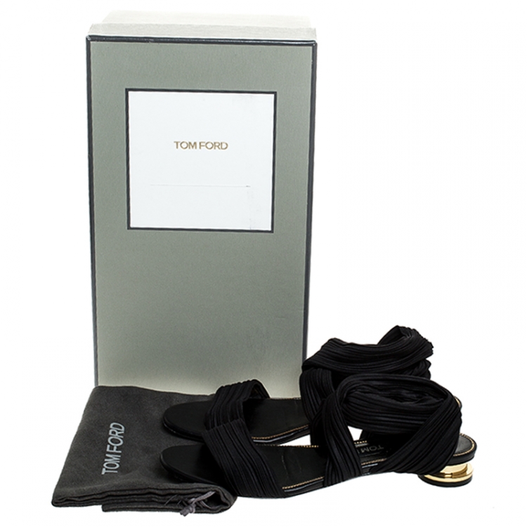 Pre Owned Tom Ford Black Plisse Satin Open Toe Flat Sandals Size 39