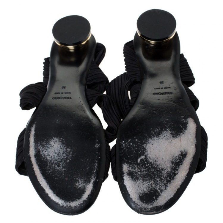 Pre Owned Tom Ford Black Plisse Satin Open Toe Flat Sandals Size 39
