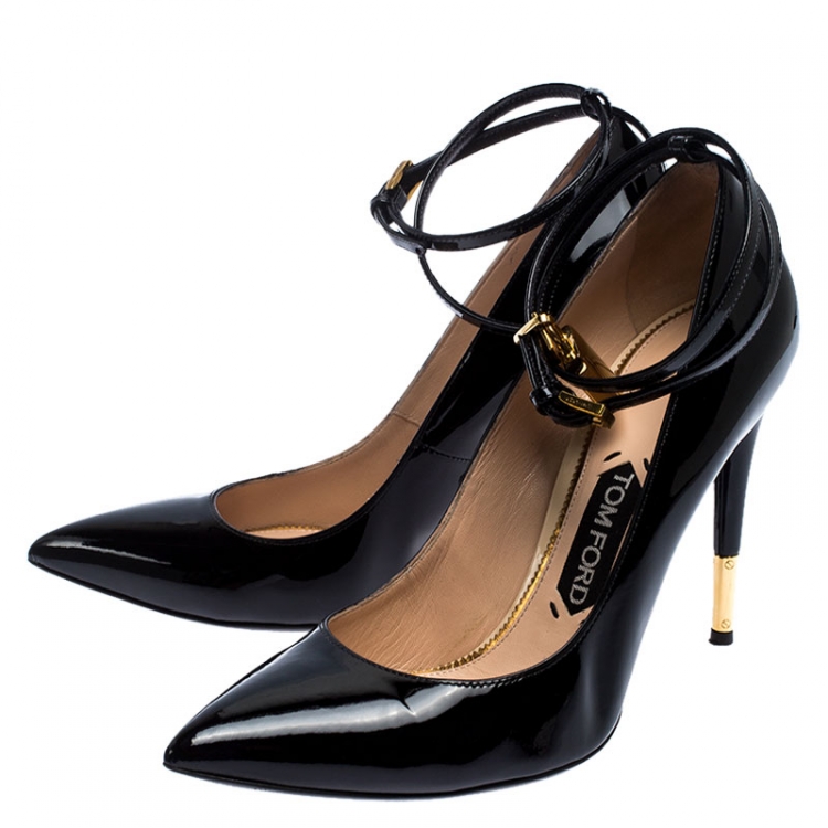 Pre Owned Tom Ford Black Patent Leather Padlock Ankle Wrap Pointed Toe Pumps Size 39