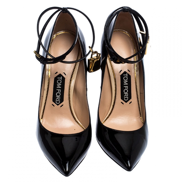 Pre Owned Tom Ford Black Patent Leather Padlock Ankle Wrap Pointed Toe Pumps Size 39