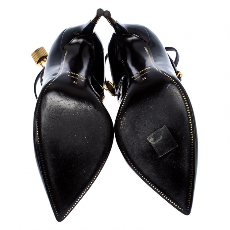 Pre Owned Tom Ford Black Patent Leather Padlock Ankle Wrap Pointed Toe Pumps Size 39