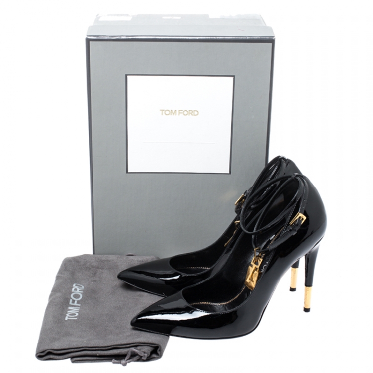 Pre Owned Tom Ford Black Patent Leather Padlock Ankle Wrap Pointed Toe Pumps Size 38