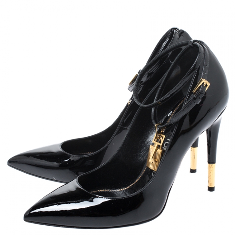 Pre Owned Tom Ford Black Patent Leather Padlock Ankle Wrap Pointed Toe Pumps Size 38