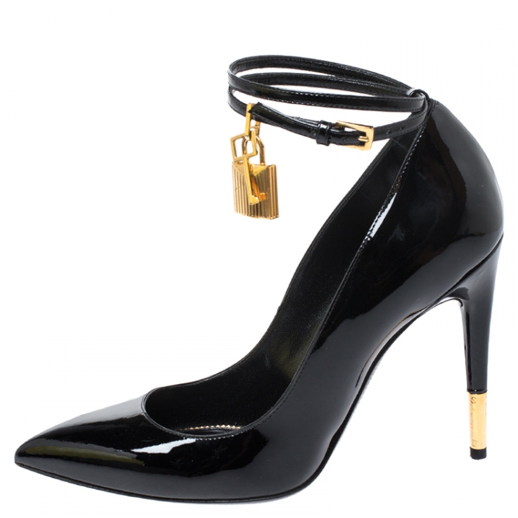 Tom Ford Black Patent Leather Padlock Ankle Wrap Pointed Toe Pumps Size 38 Tom  Ford | TLC