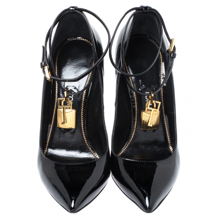 Pre Owned Tom Ford Black Patent Leather Padlock Ankle Wrap Pointed Toe Pumps Size 38