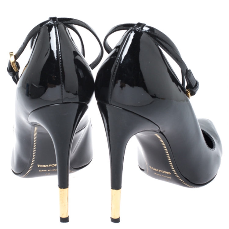 Pre Owned Tom Ford Black Patent Leather Padlock Ankle Wrap Pointed Toe Pumps Size 38