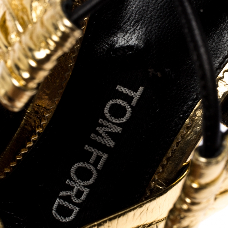 Pre Owned Tom Ford Metallic Gold Leather Stardust Lace Up Cage Sandals Size 37