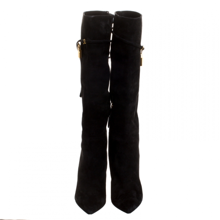 Pre Owned Tom Ford Black Suede Leather Lock Strap Knee Length Boots Size 40