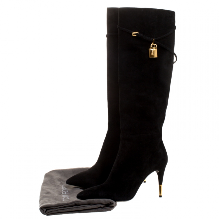 Pre Owned Tom Ford Black Suede Leather Lock Strap Knee Length Boots Size 40