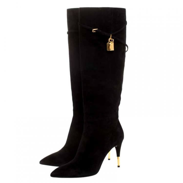 Pre Owned Tom Ford Black Suede Leather Lock Strap Knee Length Boots Size 40