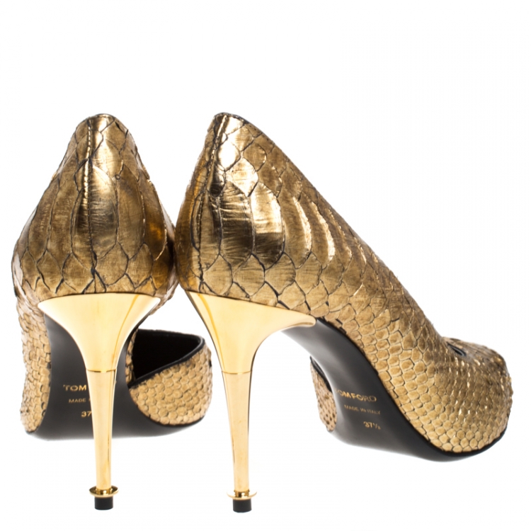 Pre Owned Tom Ford Gold Python Leather D'orsay Pointed Toe Pumps Size 37.5