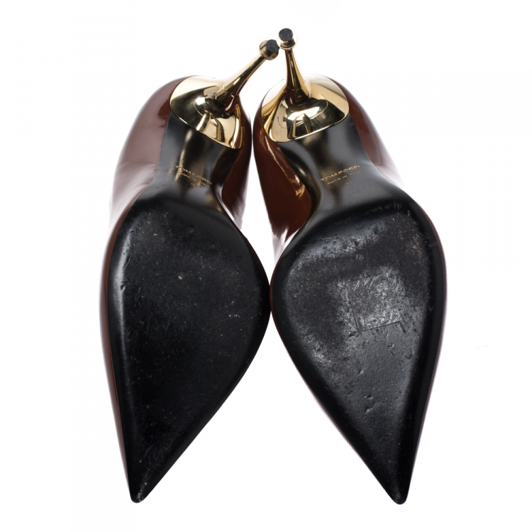 Pre Owned Tom Ford Pumpkin Brown Patent Leather Gold Pin Heels Pointed Pumps Size 41