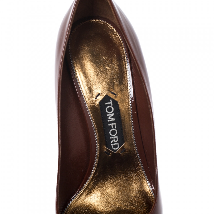Pre Owned Tom Ford Pumpkin Brown Patent Leather Gold Pin Heels Pointed Pumps Size 41