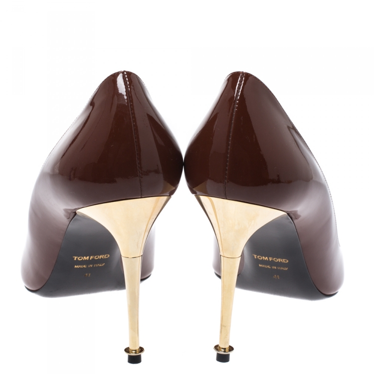 Pre Owned Tom Ford Pumpkin Brown Patent Leather Gold Pin Heels Pointed Pumps Size 41
