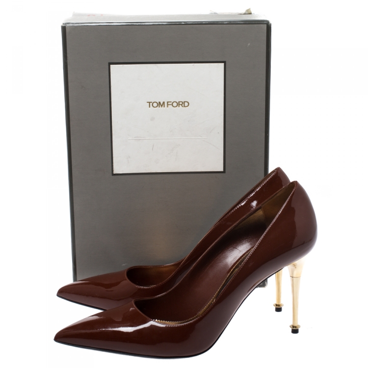 Pre Owned Tom Ford Pumpkin Brown Patent Leather Gold Pin Heels Pointed Pumps Size 41
