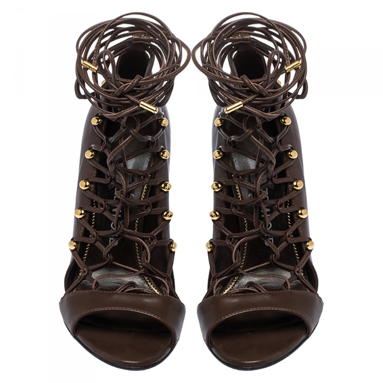 Pre Owned Tom Ford Brown Leather Lace Up Sandals Size 38