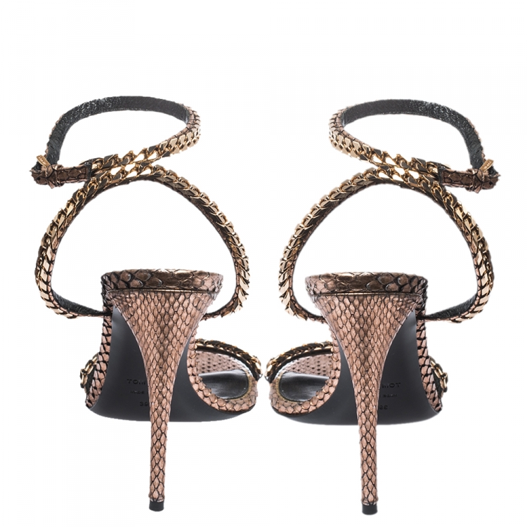 Pre Owned Tom Ford Metallic Rose Gold Python Leather Chain Embellished Ankle Strap Open Toe Sandals Size 39.5