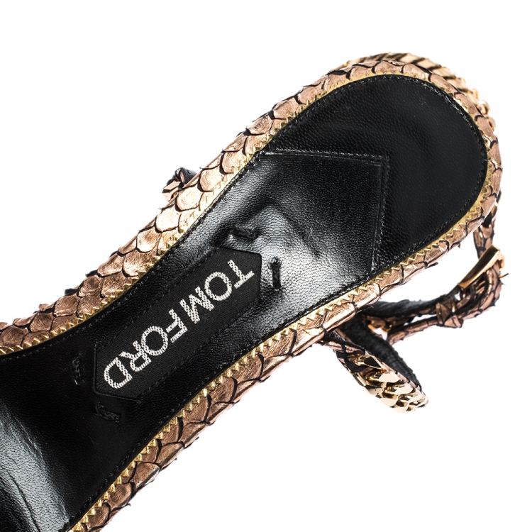 Pre Owned Tom Ford Metallic Rose Gold Python Leather Chain Embellished Ankle Strap Open Toe Sandals Size 39.5