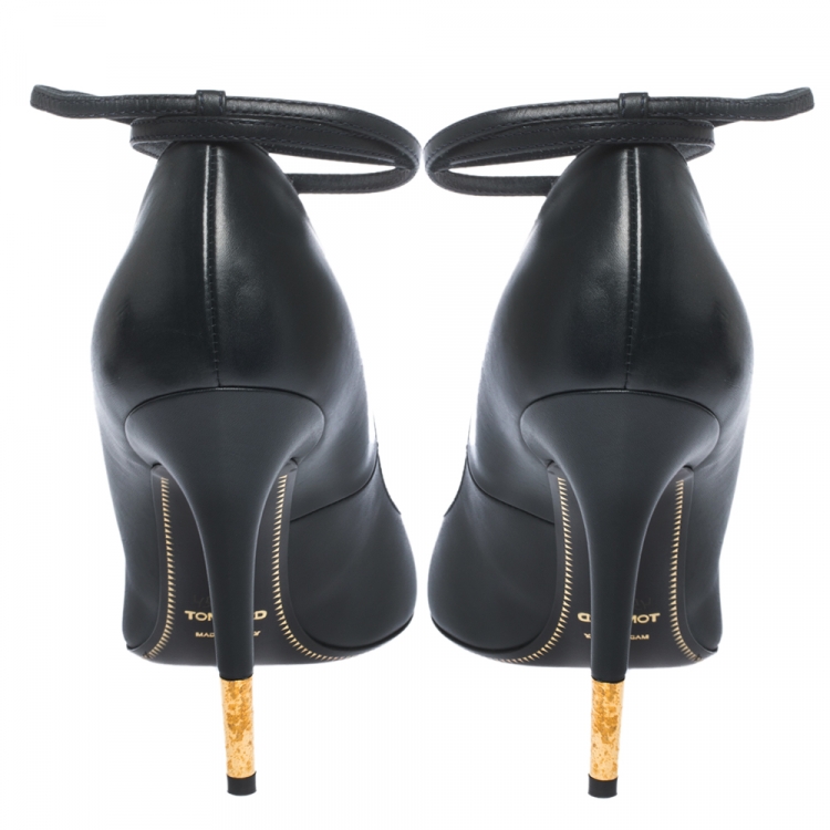 Pre Owned Tom Ford Grey Leather Padlock Ankle-Wrap Pointed Toe Pumps Size 39