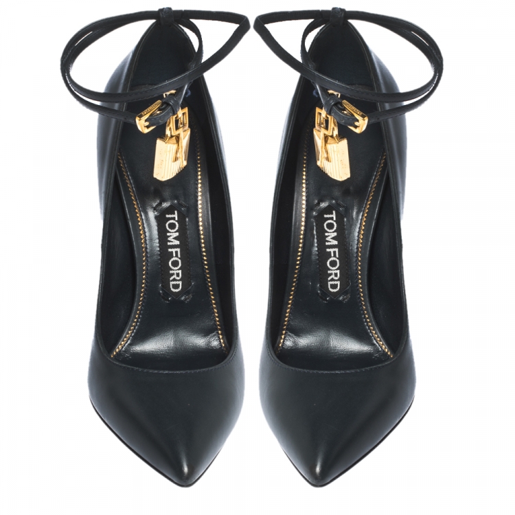 Pre Owned Tom Ford Grey Leather Padlock Ankle-Wrap Pointed Toe Pumps Size 39