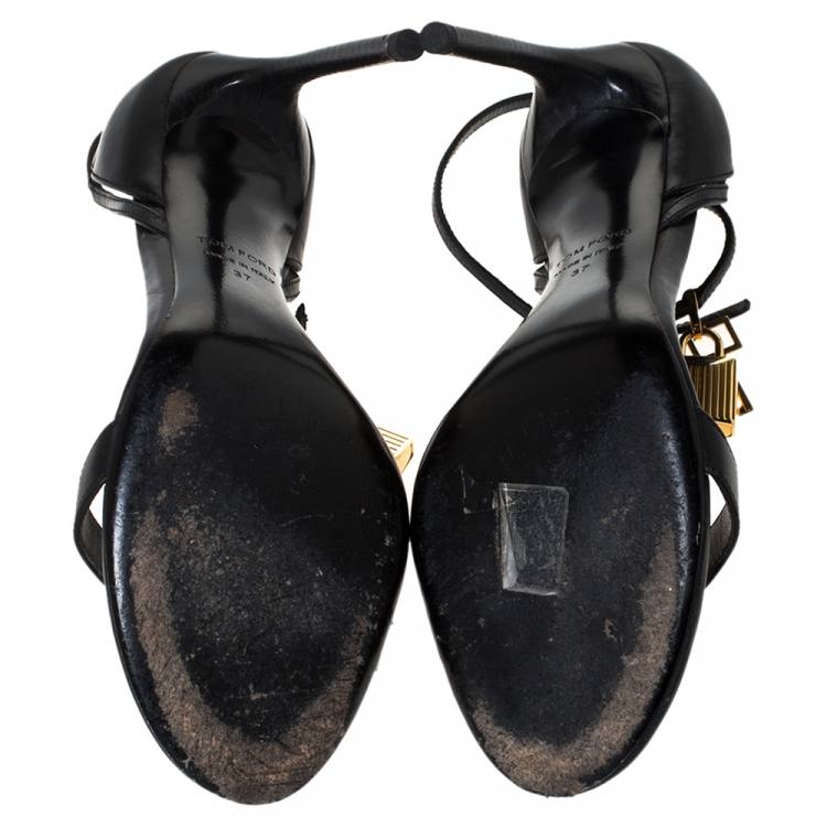 Pre Owned Tom Ford Black Leather Lock Ankle Strap Sandals Size 37