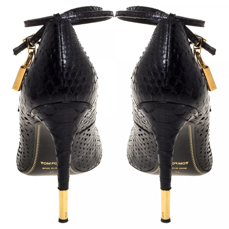 Pre Owned Tom Ford Black Python Padlock Ankle Wrap Pointed Toe Pumps Size 41