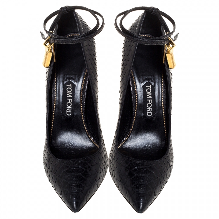 Pre Owned Tom Ford Black Python Padlock Ankle Wrap Pointed Toe Pumps Size 41