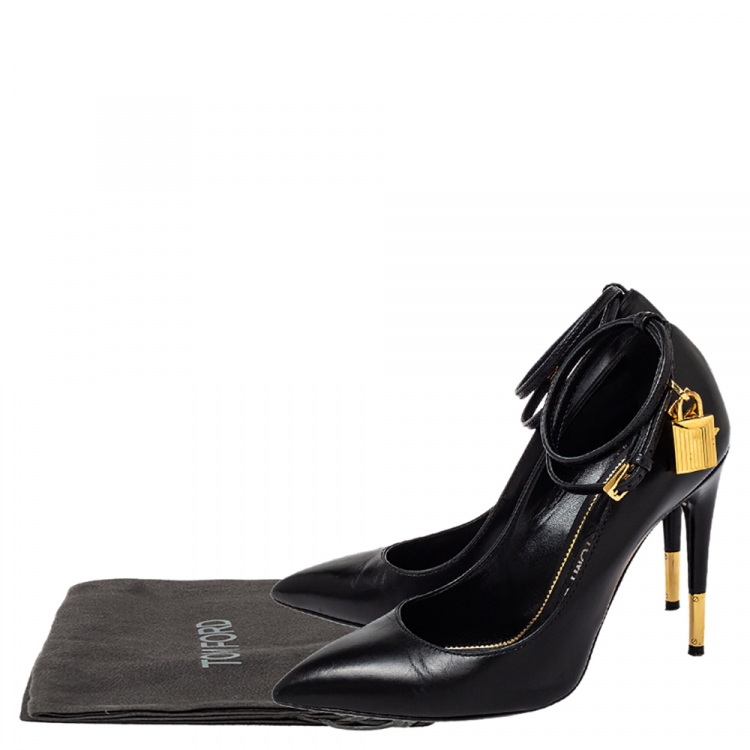 Pre Owned Tom Ford Black Leather Padlock Ankle Wrap Pointed Toe Pumps Size 37.5