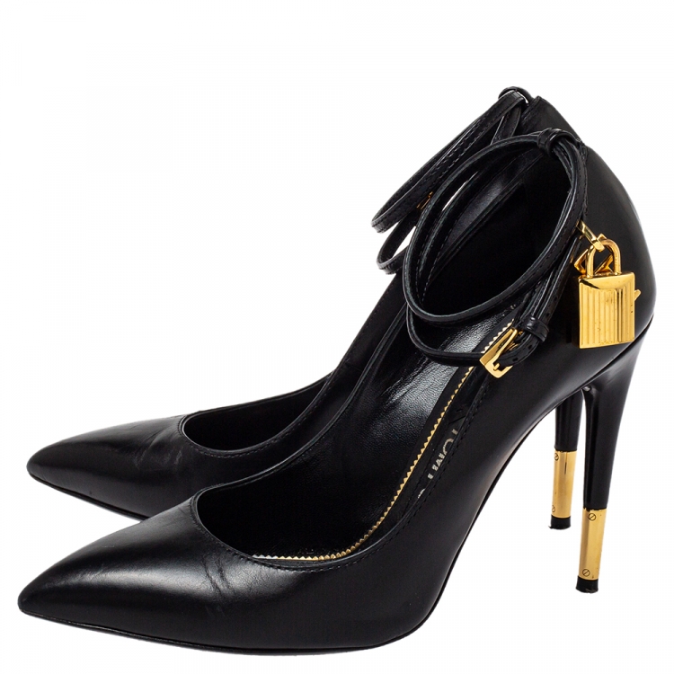 Pre Owned Tom Ford Black Leather Padlock Ankle Wrap Pointed Toe Pumps Size 37.5