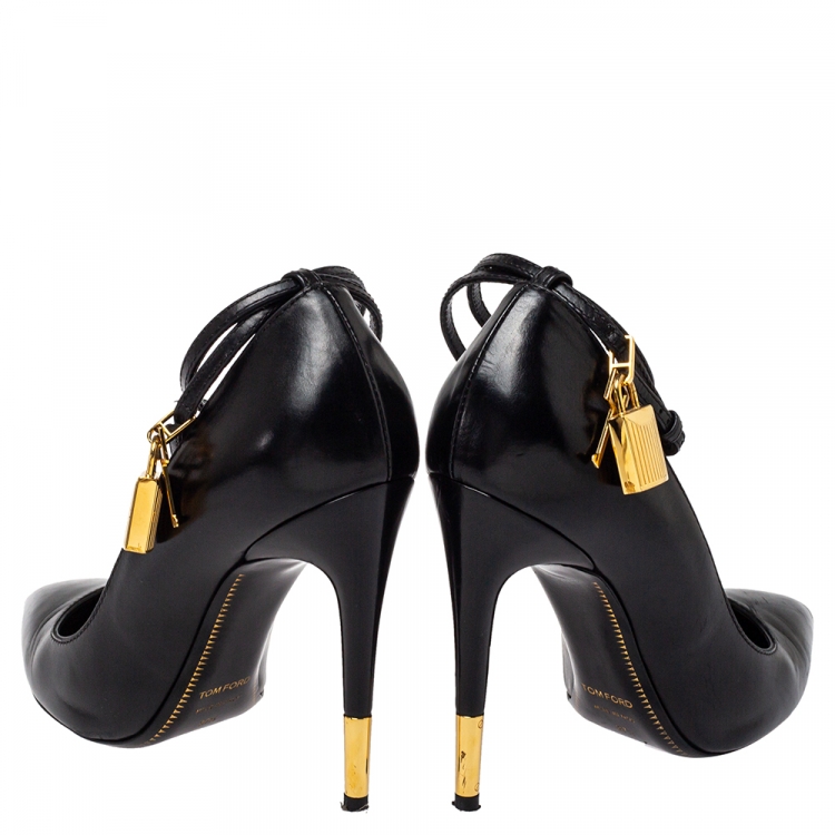 Pre Owned Tom Ford Black Leather Padlock Ankle Wrap Pointed Toe Pumps Size 37.5