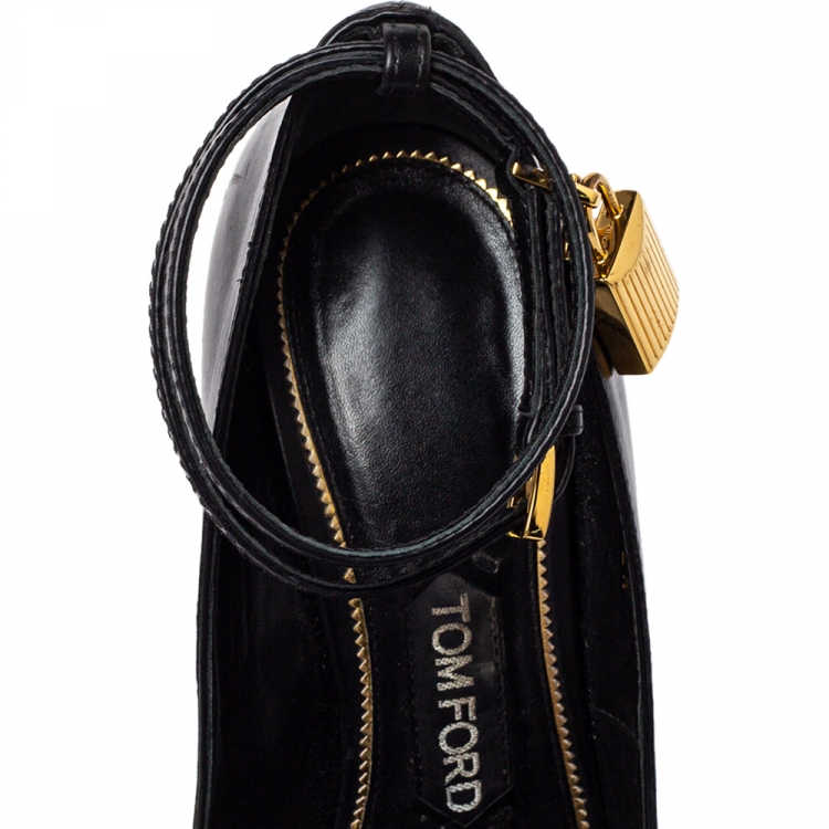 Pre Owned Tom Ford Black Leather Padlock Ankle Wrap Pointed Toe Pumps Size 37.5