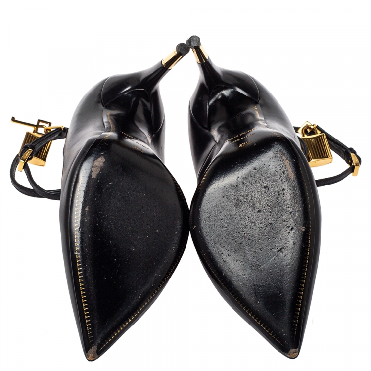 Pre Owned Tom Ford Black Leather Padlock Ankle Wrap Pointed Toe Pumps Size 37.5