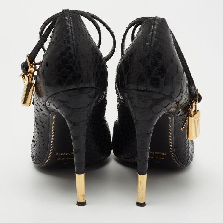 Pre Owned Tom Ford Black Python Padlock Ankle Strap Pumps Size 41