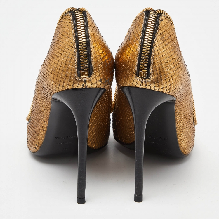 Pre Owned Tom Ford Gold Python Zipper Detail Pumps Size 37